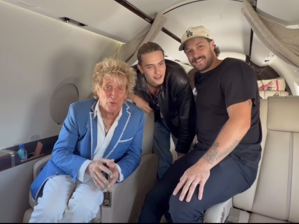 Rod Stewart and two of his sons on a private jet on June 13, 2026