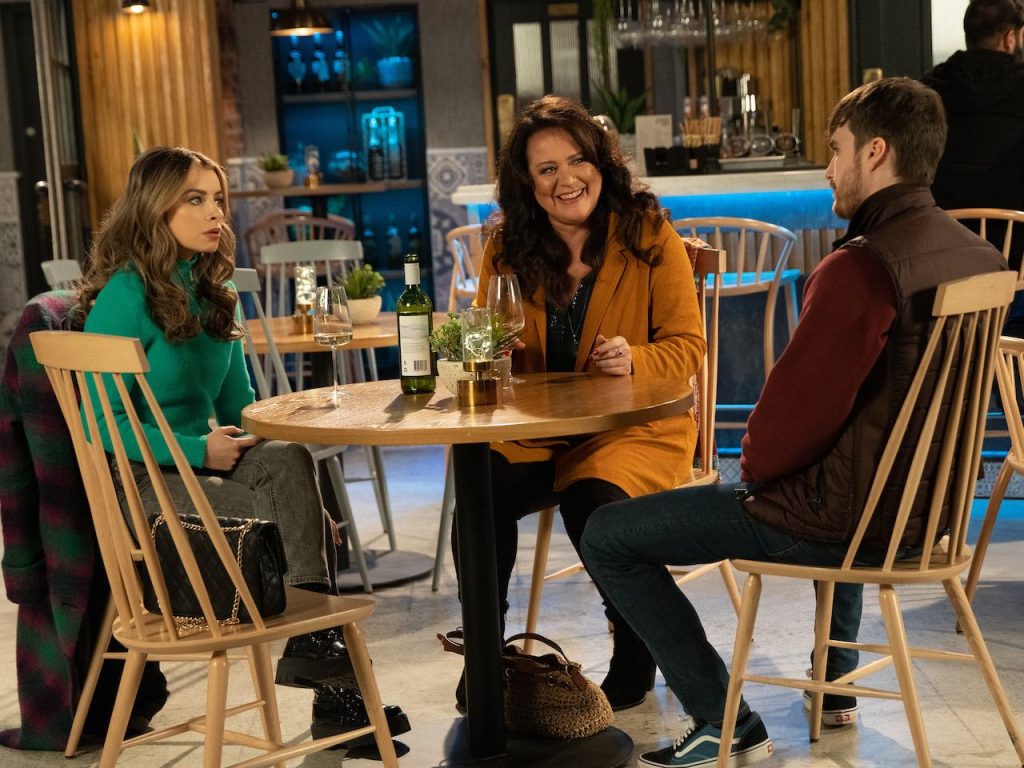 Charlotte Jordan as Daisy Midgeley, Amy Robbins as Christina Boyd and Andrew Still as Justin Rutherford in Coronation Street