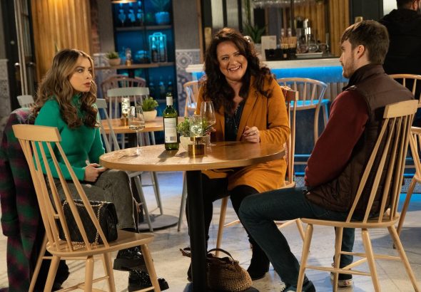 Charlotte Jordan as Daisy Midgeley, Amy Robbins as Christina Boyd and Andrew Still as Justin Rutherford in Coronation Street