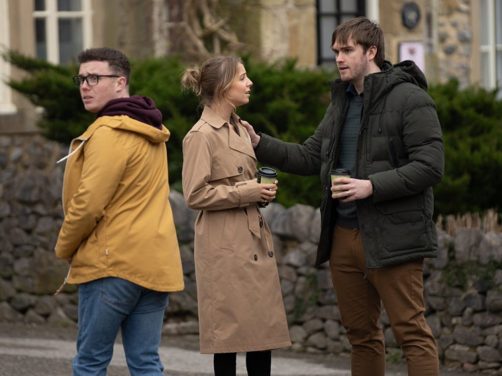 Belle, Tom and Vinny on Emmerdale on April 8, 2024