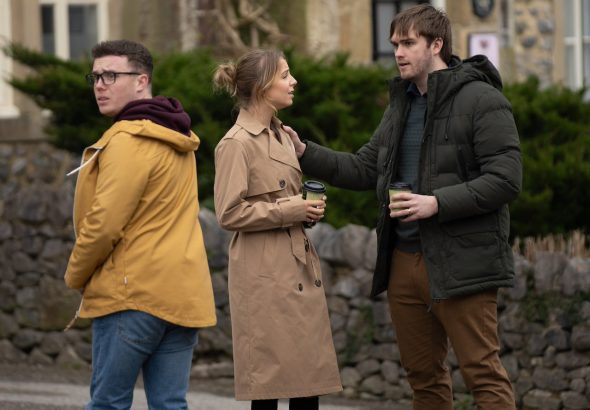 Belle, Tom and Vinny on Emmerdale on April 8, 2024