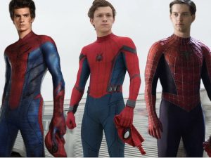 Andrew Garfield, Tom Holland and Tobey Maguire as Spider-Man