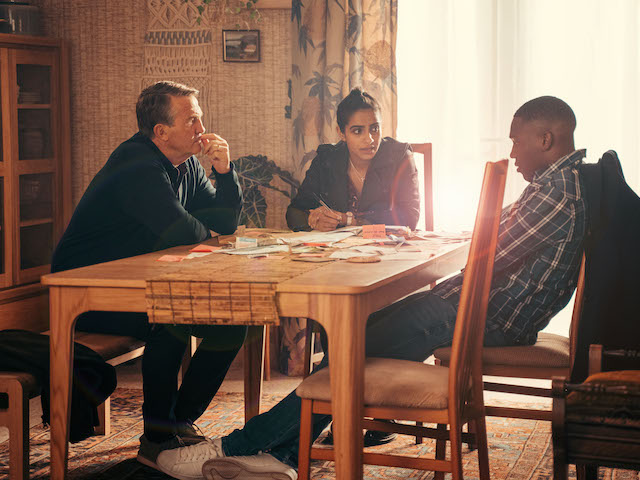 Bradley Walsh as Graham, Mandip Gill as Yas and Tosin Cole as Ryan in Doctor Who: Revolution of the Daleks