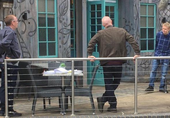 Adam Woodyatt as Ian, Jake Wood as Max and Clay Milner Russell as Bobby filming EastEnders