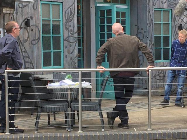 Adam Woodyatt as Ian, Jake Wood as Max and Clay Milner Russell as Bobby filming EastEnders