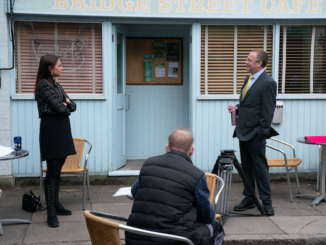 Milly Zero as Dotty and Adam Woodyatt as Ian filming EastEnders