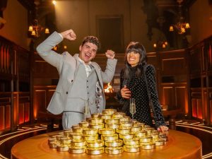 Harry Clark and Claudia Winkleman in The Traitors
