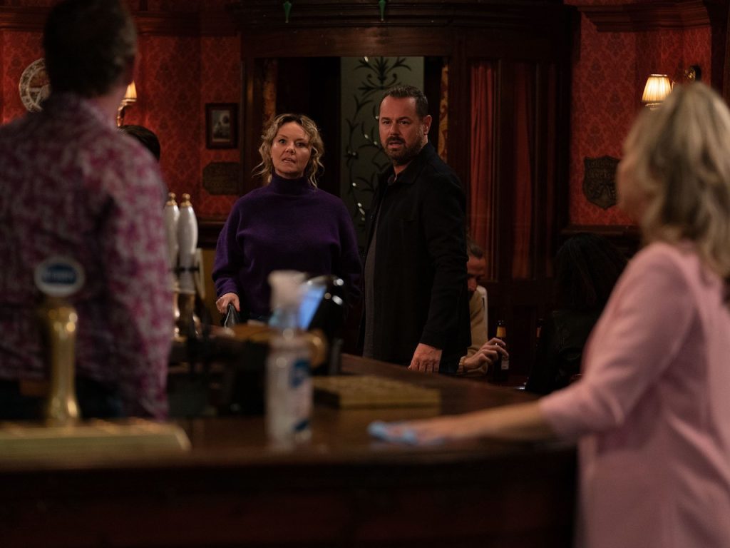 Kellie Bright as Linda Carter, Danny Dyer as Mick Carter and Charlie Brooks as Janine Butcher on EastEnders