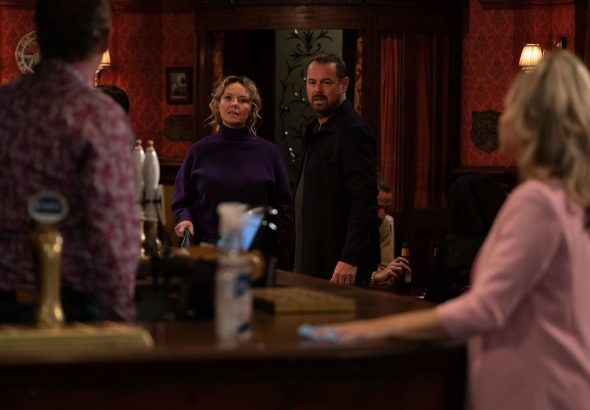 Kellie Bright as Linda Carter, Danny Dyer as Mick Carter and Charlie Brooks as Janine Butcher on EastEnders