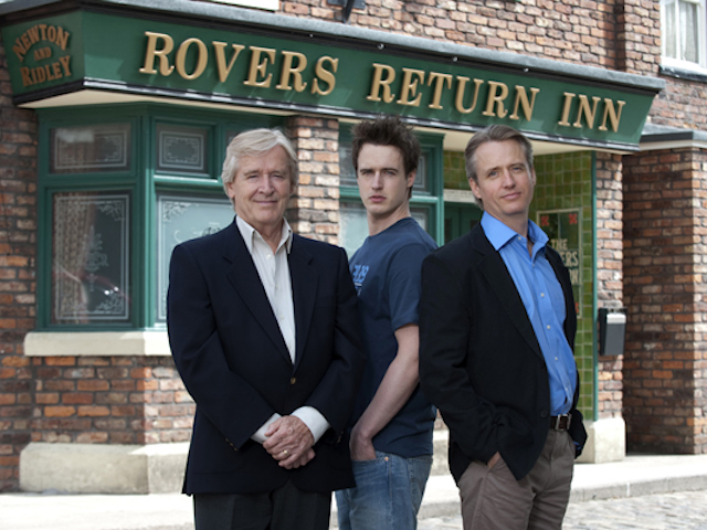 Bill Roache as Ken Barlow with Linus Roache as Lawrence and James Roache as James Cunningham in Coronation Street