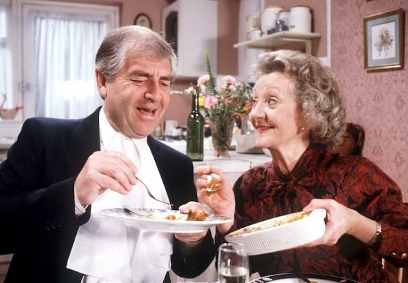 Thelma Barlow as Mavis Wilton with Peter Baldwin as Derek Wilton in Coronation Street