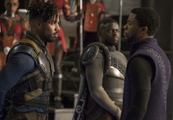 Michael B. Jordan as Erik Killmonger and Chadwick Boseman as T'Challa in Black Panther