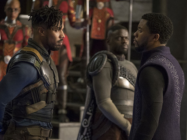 Michael B. Jordan as Erik Killmonger and Chadwick Boseman as T'Challa in Black Panther