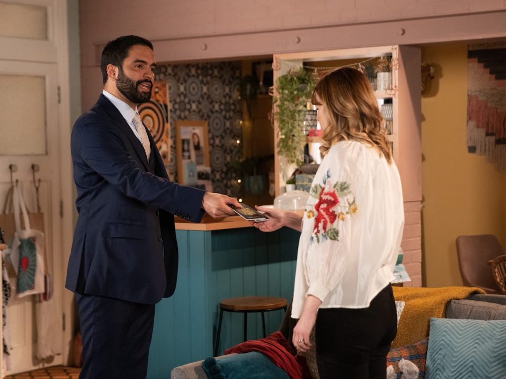 Charlie de Melo as Imran Habeeb and Georgia Taylor as Toyah Habeeb on Coronation Street