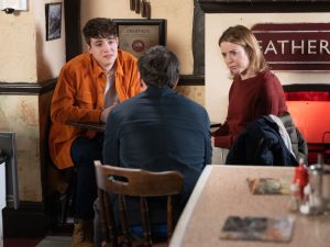 James Craven as Aaron Sandford, Craig Cheetham as Eric Sandford and Sally Carman as Abi Webster on Coronation Street