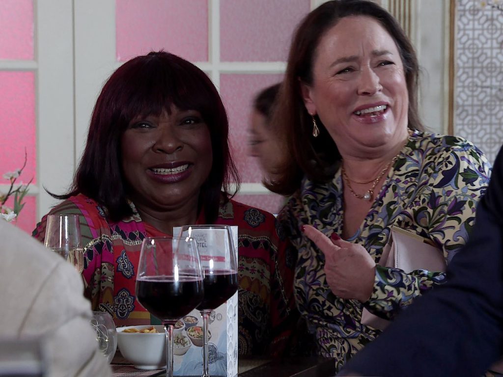 Lorna Laidlaw as Aggie Bailey and Arabella Weir as Yvette on Coronation Street