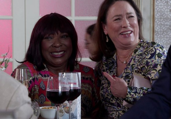 Lorna Laidlaw as Aggie Bailey and Arabella Weir as Yvette on Coronation Street