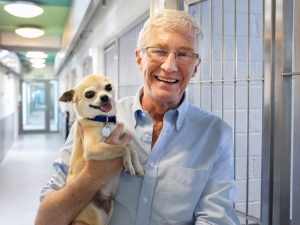 Paul O'Grady with Pumpkin a chihuahua at Battersea Cats and Dogs Home