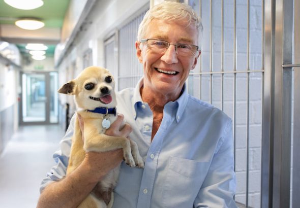 Paul O'Grady with Pumpkin a chihuahua at Battersea Cats and Dogs Home