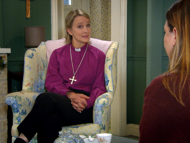 The Bishop, Harriet and Will on Emmerdale on December 10, 2020