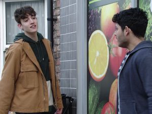 James Craven as Aaron Sandford and Adam Hussain as Aadi Alahan on Coronation Street