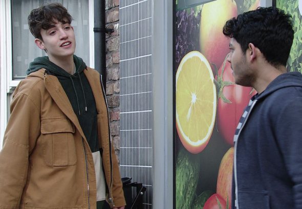 James Craven as Aaron Sandford and Adam Hussain as Aadi Alahan on Coronation Street