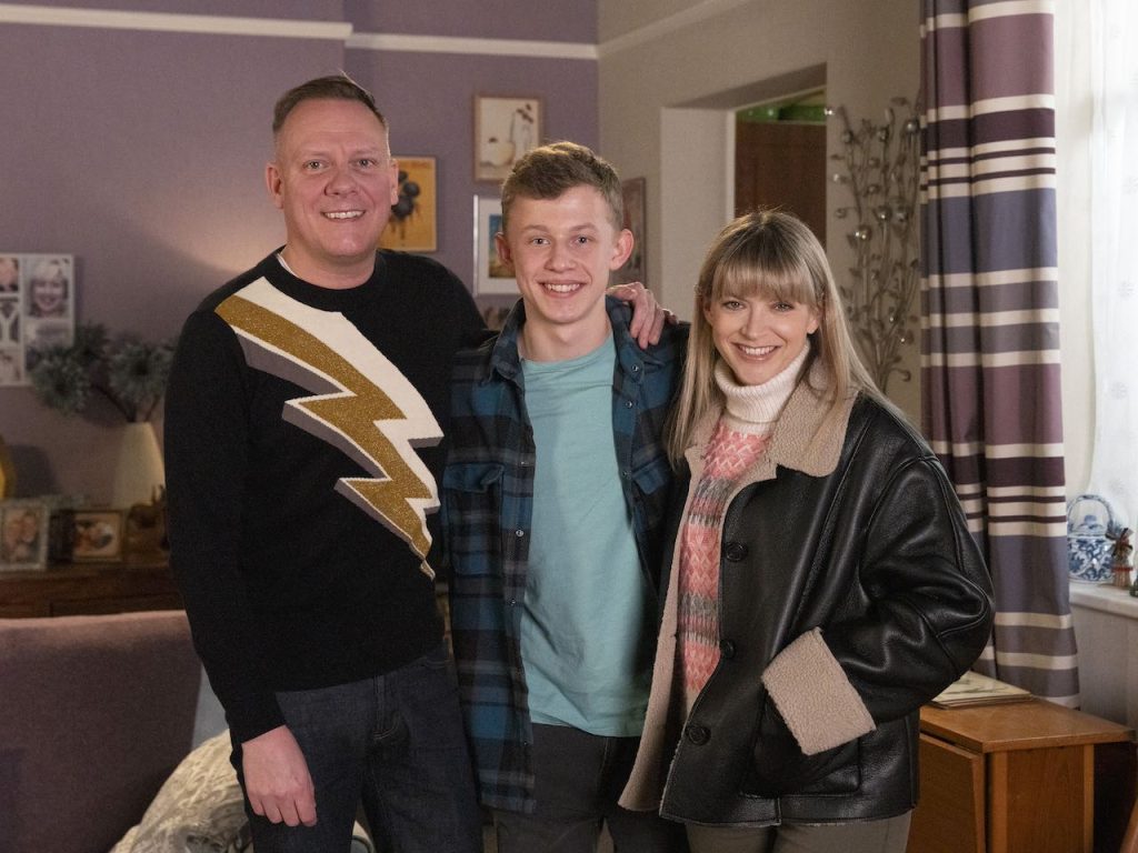 Antony Cotton as Sean Tully, Liam McCheyne as Dylan Wilson and Jenny Platt as Violet Wilson in Coronation Street