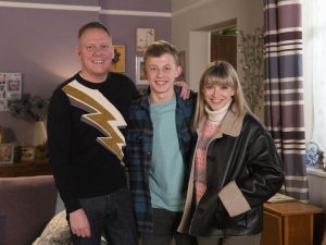 Antony Cotton as Sean Tully, Liam McCheyne as Dylan Wilson and Jenny Platt as Violet Wilson in Coronation Street