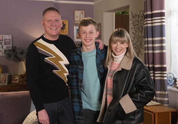 Antony Cotton as Sean Tully, Liam McCheyne as Dylan Wilson and Jenny Platt as Violet Wilson in Coronation Street