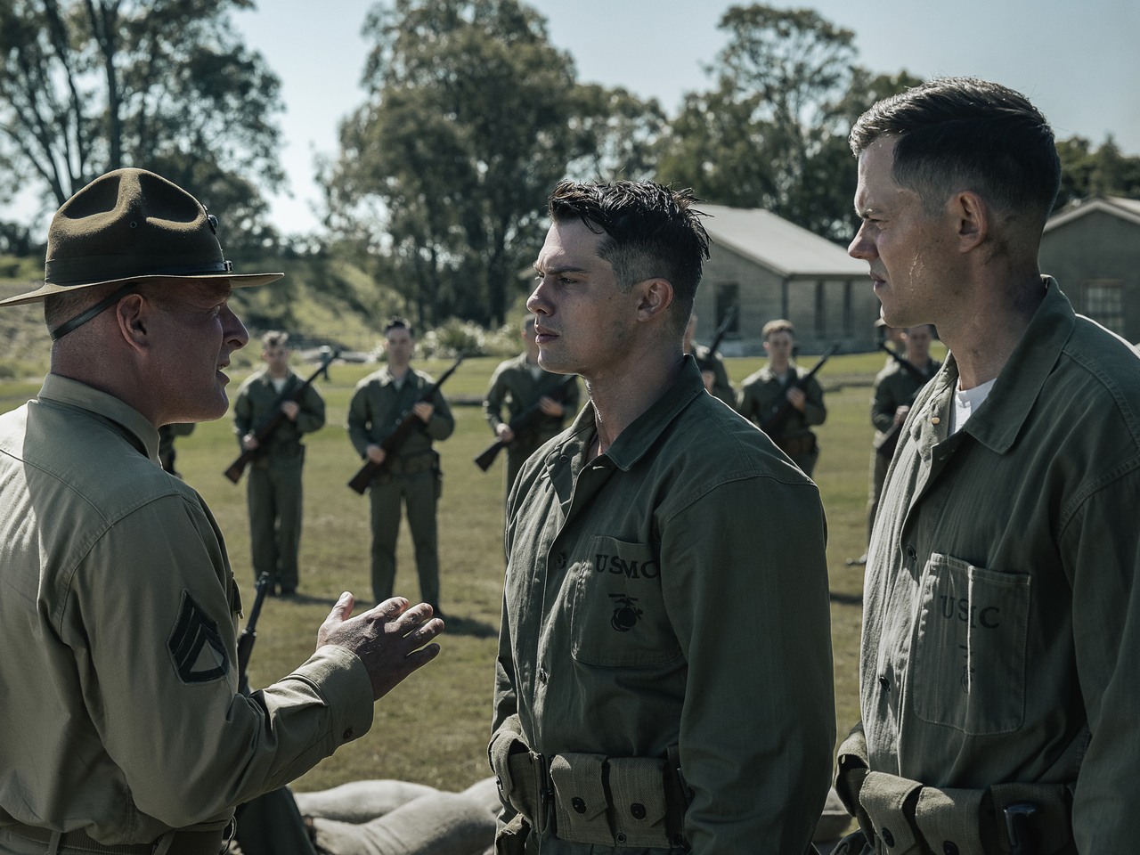 Pat McAfee as Drill Instructor, Nicholas Galitzine as John McLaughry and Bill Skarsgård as Bob Bauman in The Mosquito Bowl