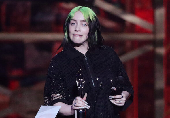 Billie Eilish receives the award for International Female Solo Artist at the Brit Awards at the O2 Arena in London, Britain on February 18, 2020