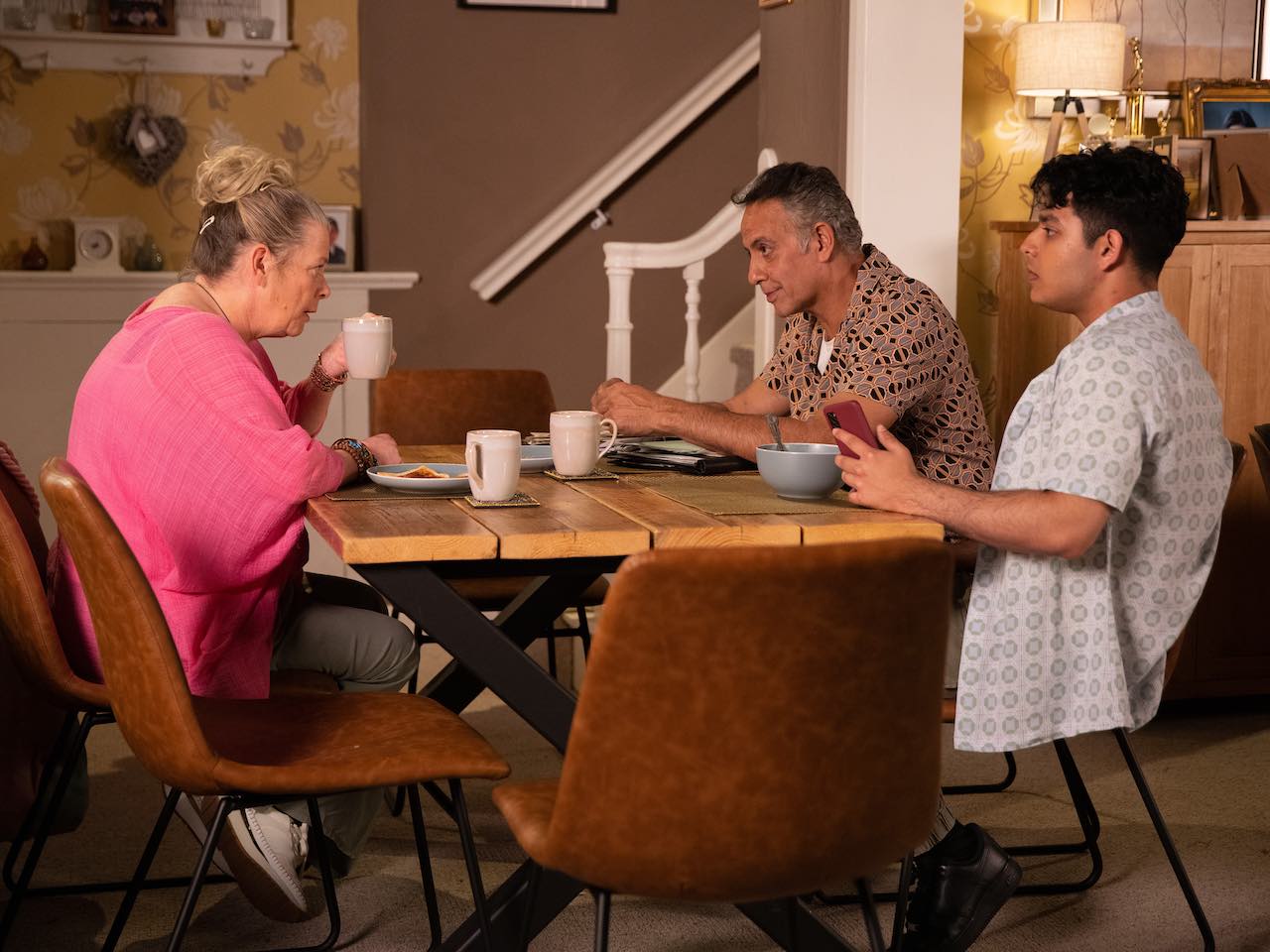 Bernie, Dev and Aadi on Coronation Street on August 2, 2023