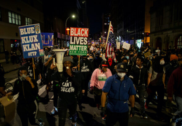 Protesters take part in a march against the death in Minneapolis police custody of George Floyd, in the Manhattan borough of New York City, U.S. on May 31, 2020.