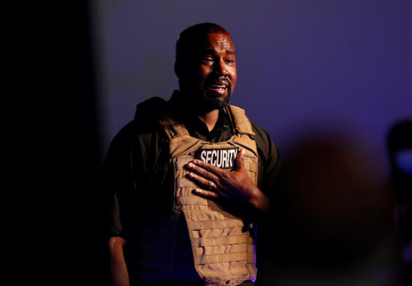 Rapper Kanye West gets emotional as he holds his first rally in support of his presidential bid in North Charleston, South Carolina, U.S. on July 19, 2020.