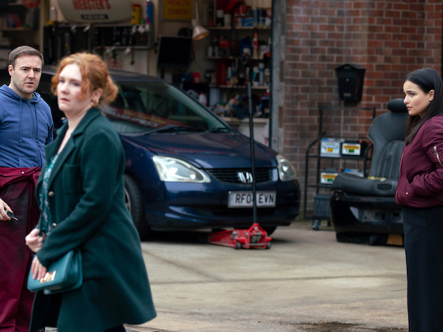 Tyrone, Fiz and Alina on Coronation Street on April 21, 2021