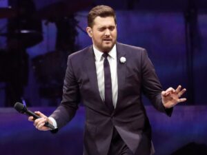 Canadian singer Michael Buble performs during his tour at Staples Center in Los Angeles, California, U.S. on April 2, 2019.