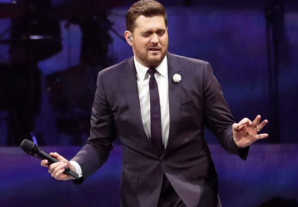 Canadian singer Michael Buble performs during his tour at Staples Center in Los Angeles, California, U.S. on April 2, 2019.