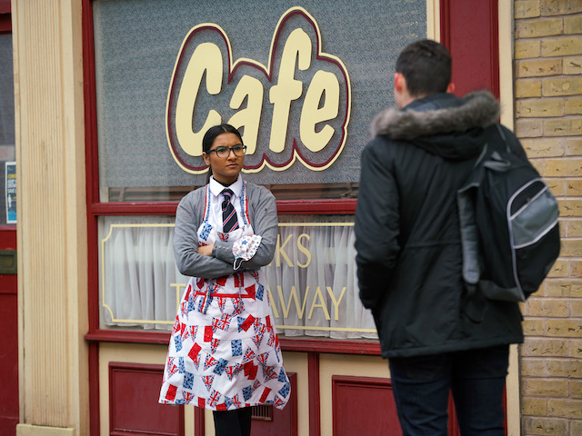 Asha and Corey on Coronation Street on February 1, 2021