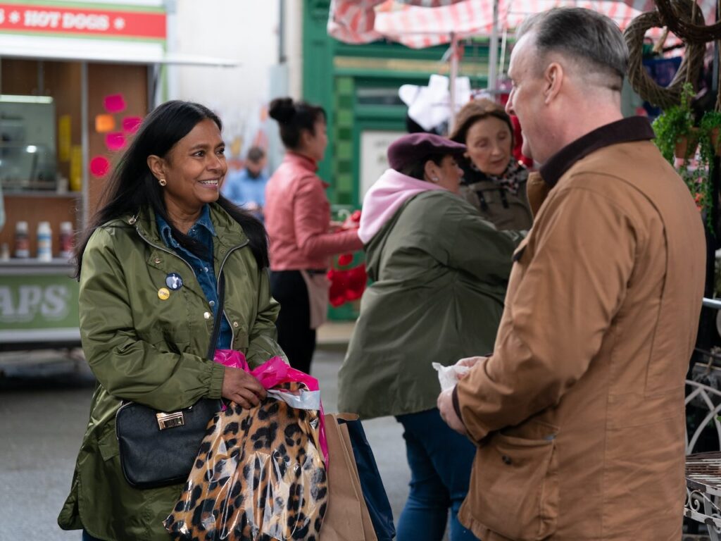 Maya Houssain (Bharti Patel) and Harvey Monroe (Ross Boatman) in EastEnders