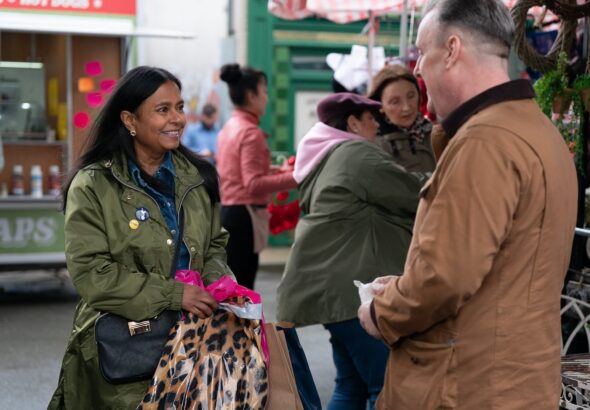 Maya Houssain (Bharti Patel) and Harvey Monroe (Ross Boatman) in EastEnders