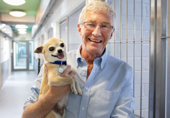 Paul O'Grady with Pumpkin a chihuahua at Battersea Cats and Dogs Home