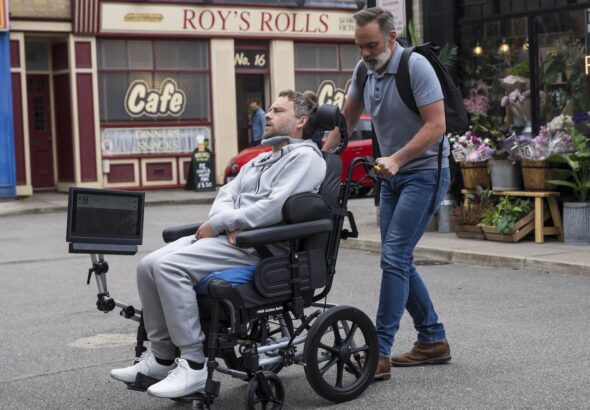 Paul Foreman (Peter Ash) and Billy Mayhew (Daniel Brocklebank) outside Roy’s Rolls in Coronation Street
