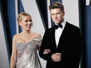 Scarlett Johansson and Colin Jost attend the Vanity Fair Oscar party in Beverly Hills during the 92nd Academy Awards, in Los Angeles, California, U.S. on February 9, 2020.