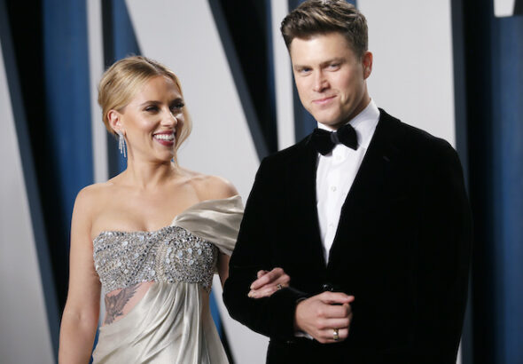 Scarlett Johansson and Colin Jost attend the Vanity Fair Oscar party in Beverly Hills during the 92nd Academy Awards, in Los Angeles, California, U.S. on February 9, 2020.