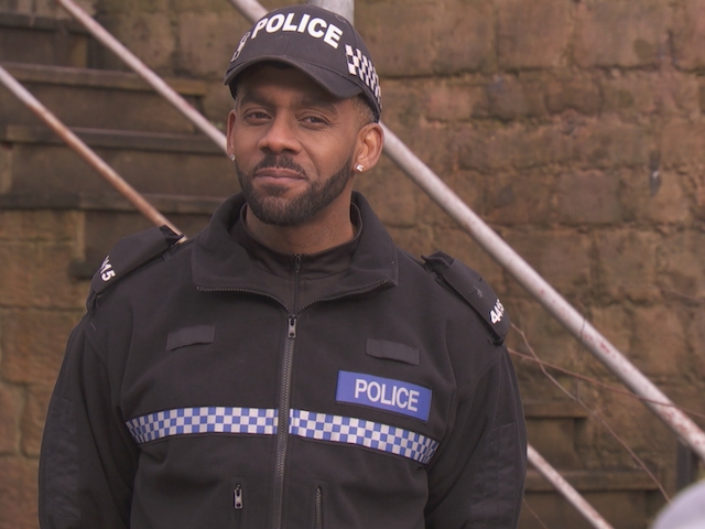 Felix disguised as a police officer on Hollyoaks on March 29, 2021