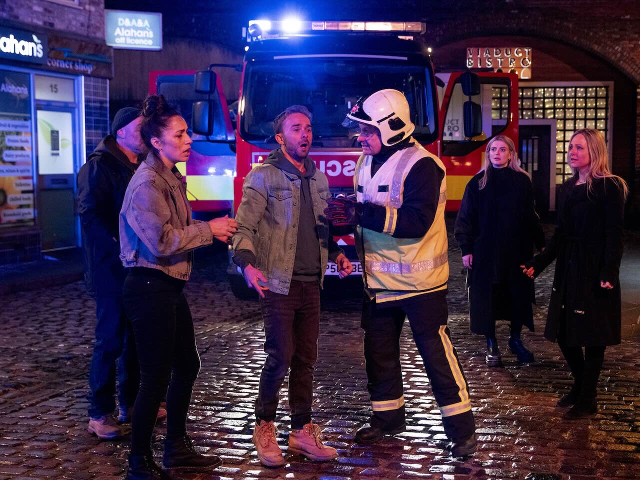The Platts and a firefighter on Coronation Street on February 4, 2025