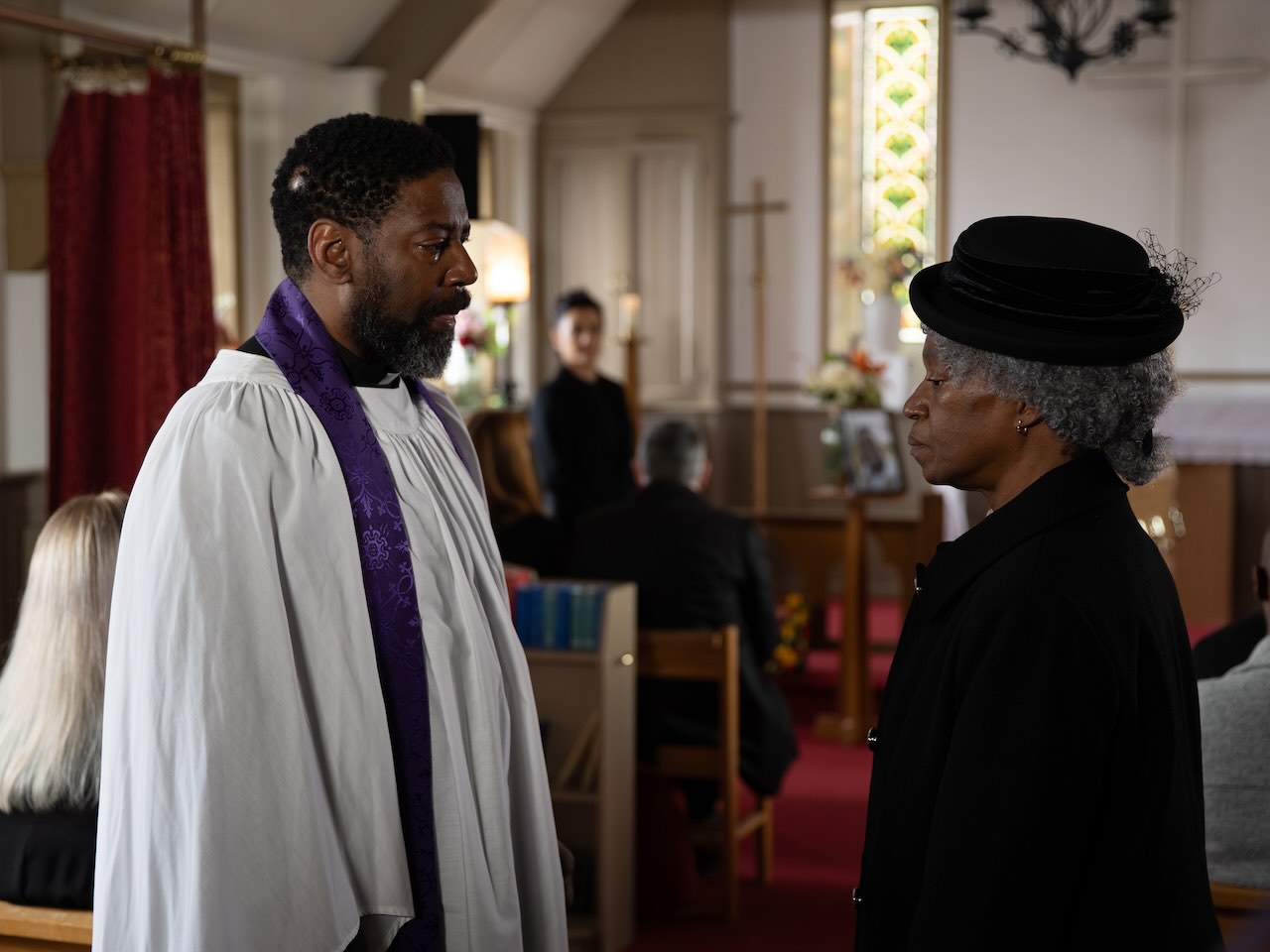 Charles and Claudette at Ethan's funeral on Emmerdale on June 13, 2024