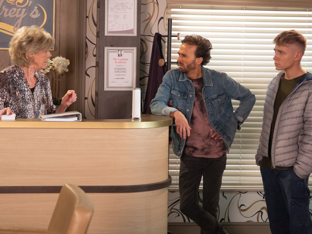 Audrey, David and Max on Coronation Street on November 13, 2023