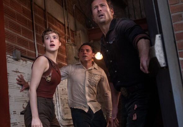 Daisy Edgar-Jones as Kate, Anthony Ramos as Javi and Glen Powell as Tyler in Twisters