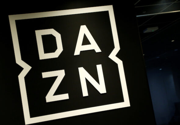 The DAZN logo at the company's office in Tokyo on March 21, 2017